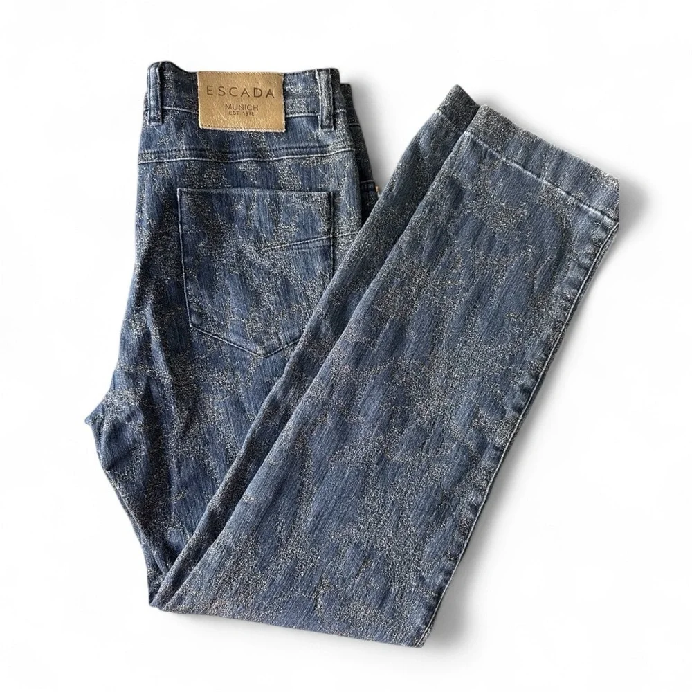 ESCADA BLUE GOLD SHIMMER METALLIC DENIM STRAIGHT LEG JEANS SZ 38 / 8 - Picture 8 of 10